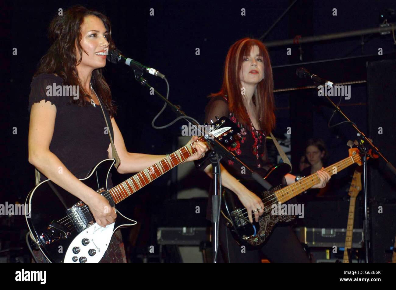 Susanna Hoffs (left) and Michael Steele of the recently reformed American 80's pop group The Bangles performing on stage at Shepherds Bush Empire, west London. Stock Photo