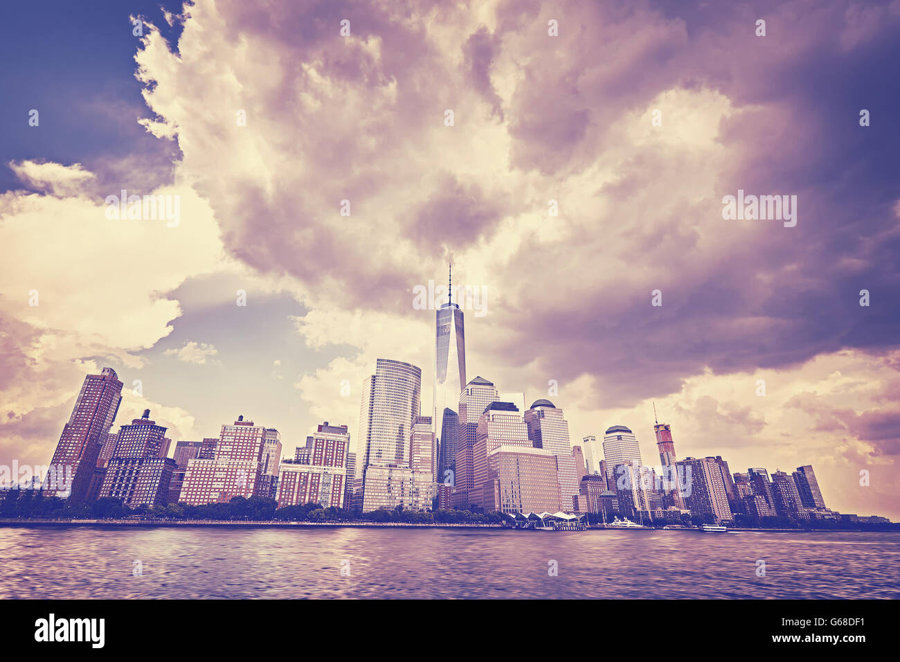 Vintage toned Manhattan skyline, New York City, USA. Stock Photo
