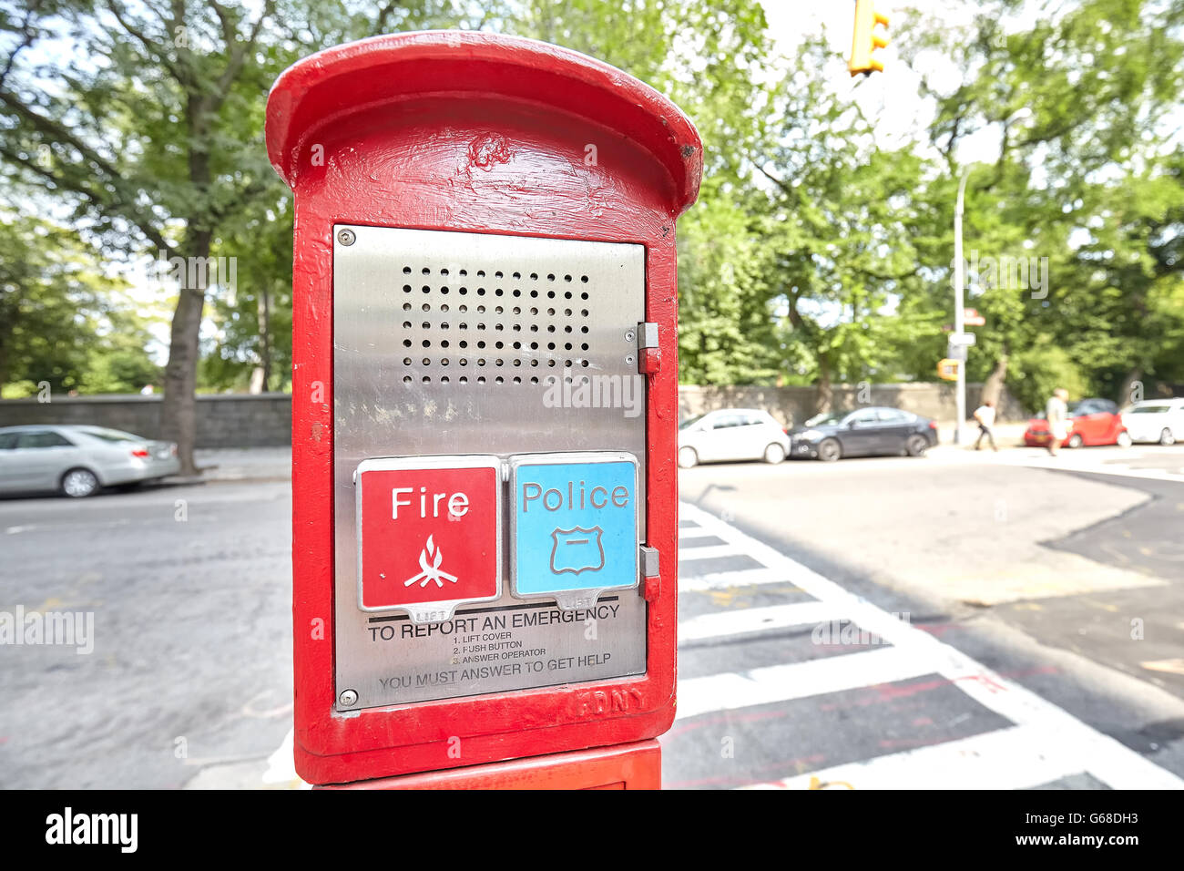 New York, USA - August 18, 2015: Police and Fire emergency call box located by the Central Park in New York City, USA. Stock Photo