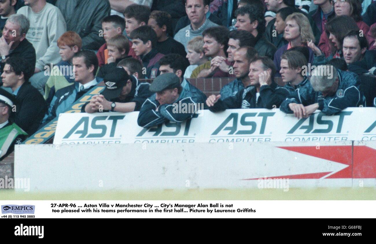 27-APR-96, Aston Villa v Manchester City, City's Manager Alan Ball is not too pleased with his teams performance in the first half. Picture by Laurence Griffiths Stock Photo