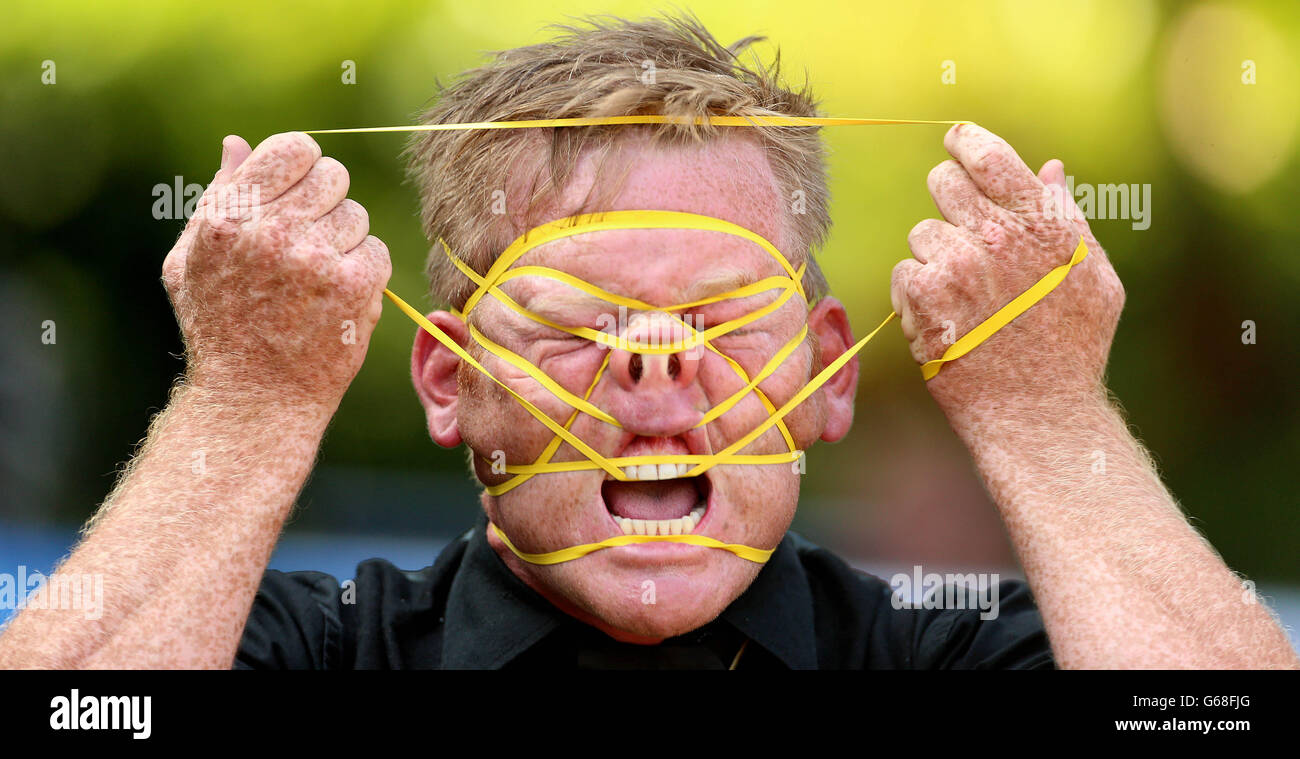 New Zealand performer Shay Horay known as the Rubberband Boy takes part in the Street Performance World Championships in Merrion Square, Dublin. Stock Photo