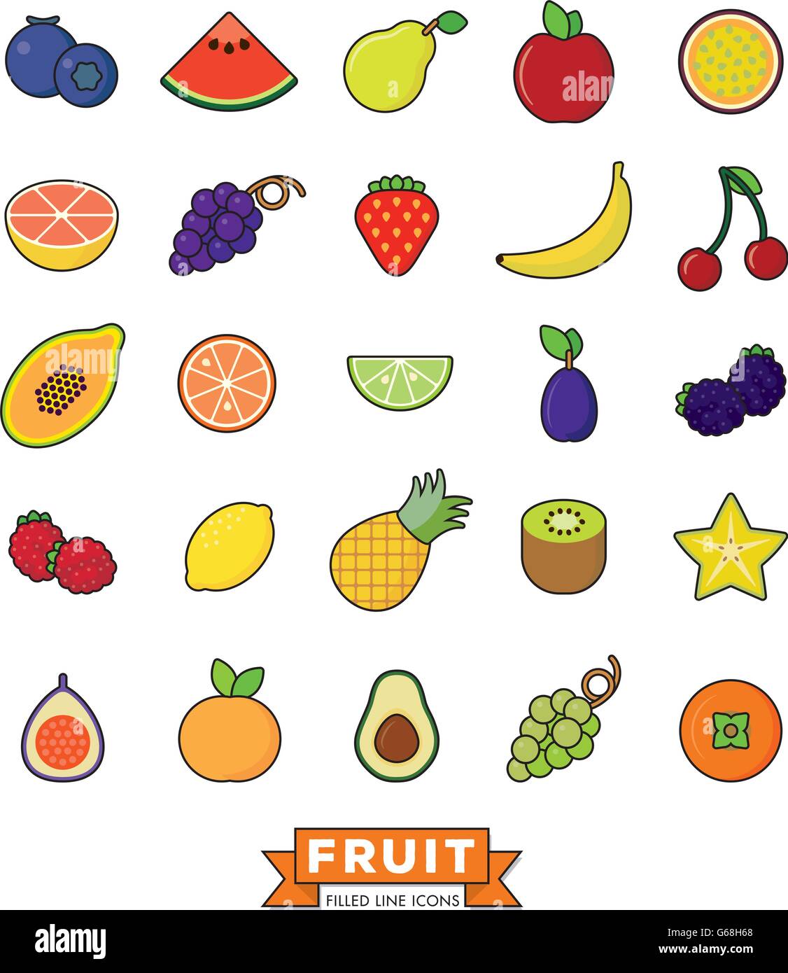 Collection of line fill fruit icons on white background Stock Vector ...