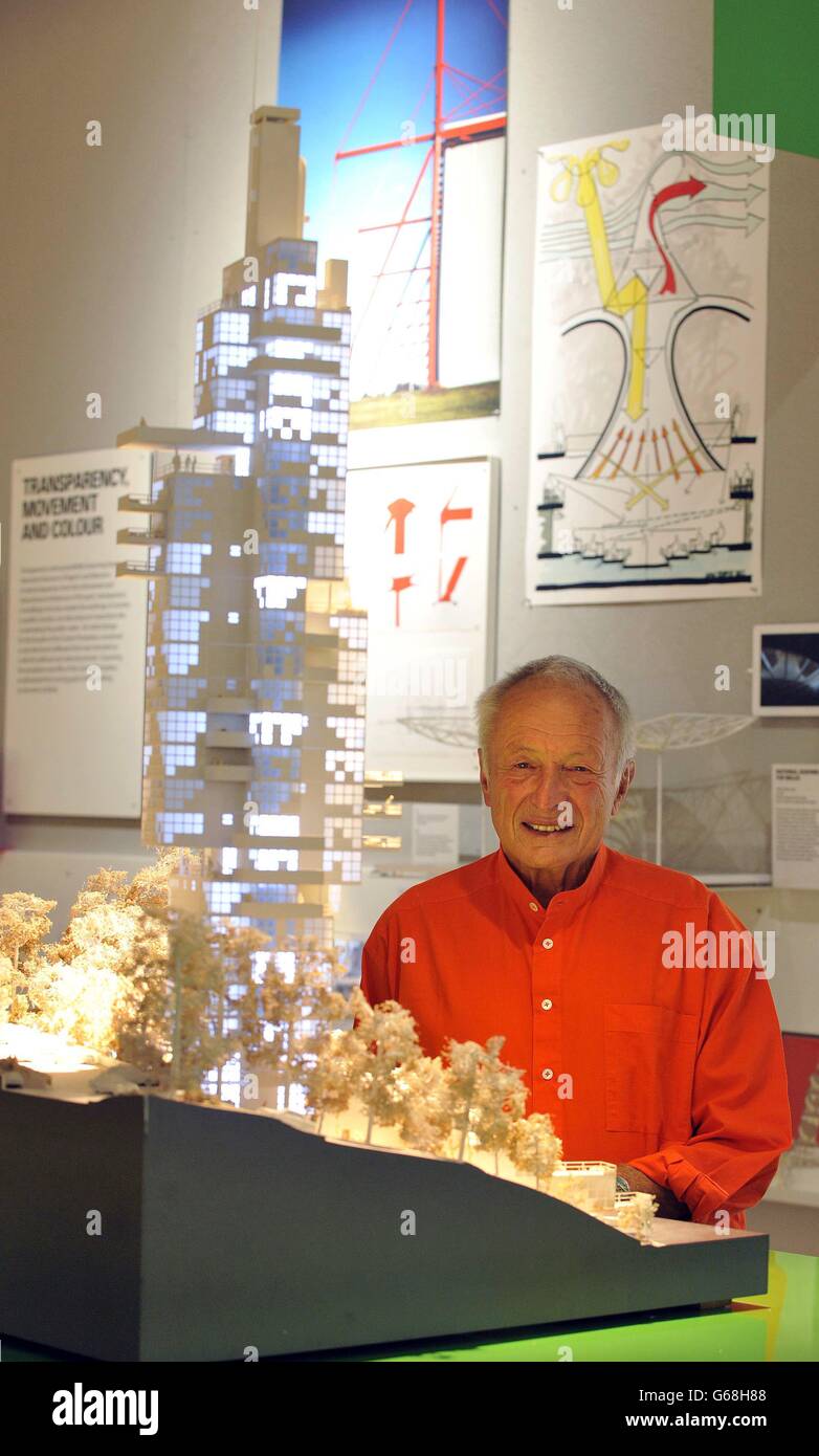 Architect Richard Rogers stands alongside a model of his 1992 design for an unbuilt industrialised housing system in South Korea as part of the Richard Rogers RA: Inside Out exhibition at the Royal Academy of Arts, central London which runs at the RA from 18 July - 13 October. Stock Photo