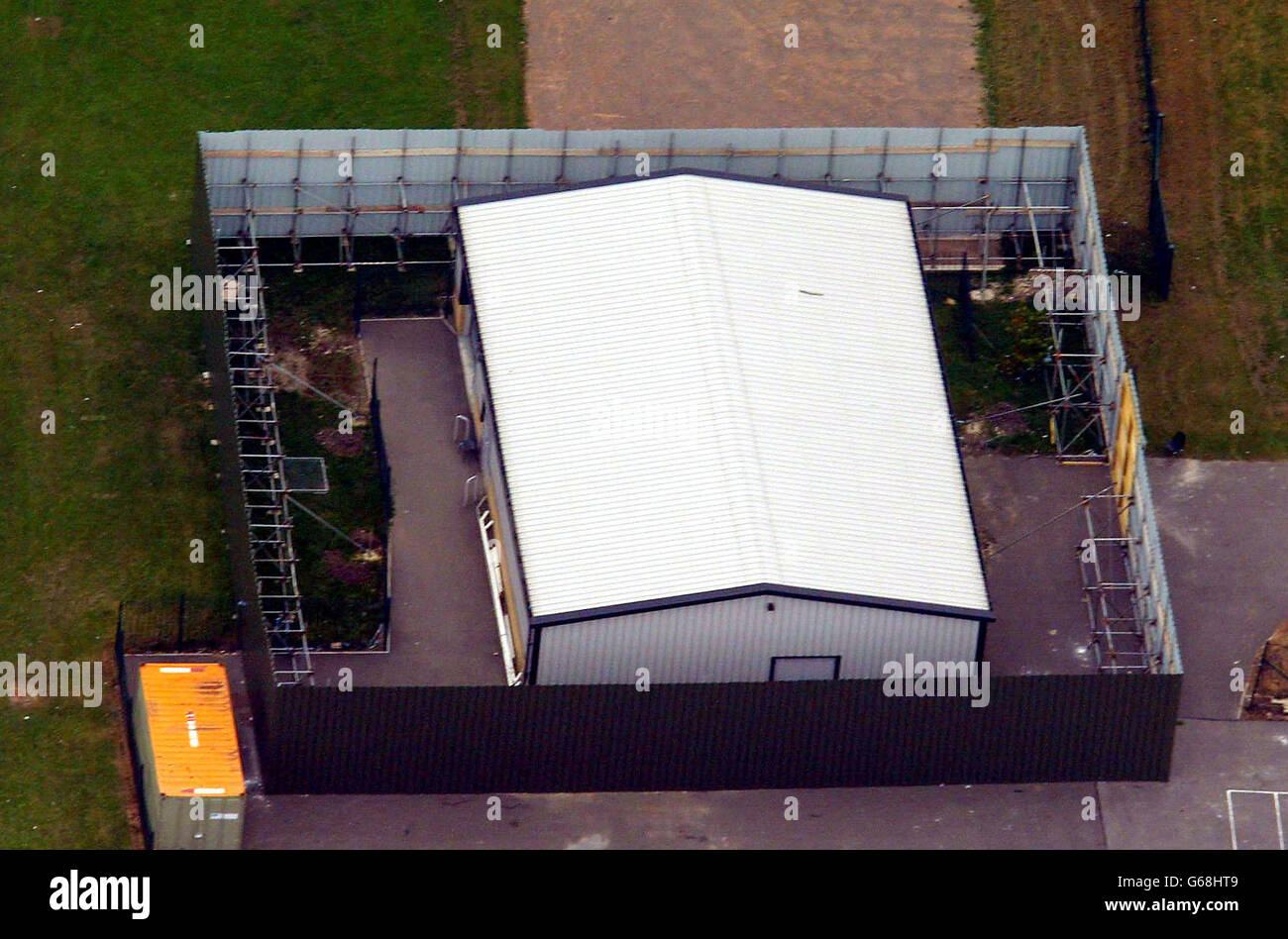 Soham Aerial. Aerial photograph of Soham Village College showing the school 'Hanger'. Stock Photo