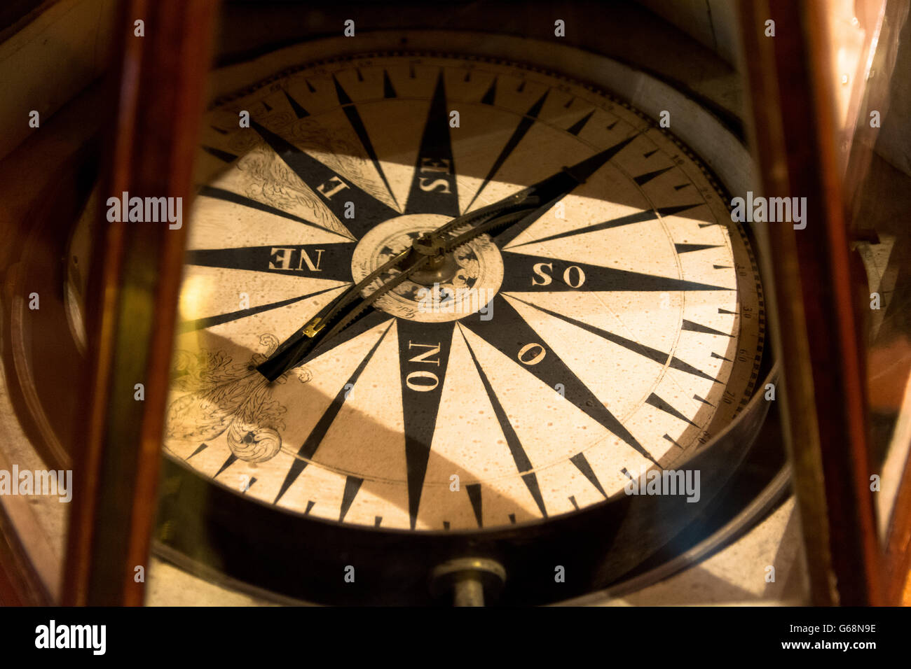 Close View of Old Historic Nautical Compass Stock Photo