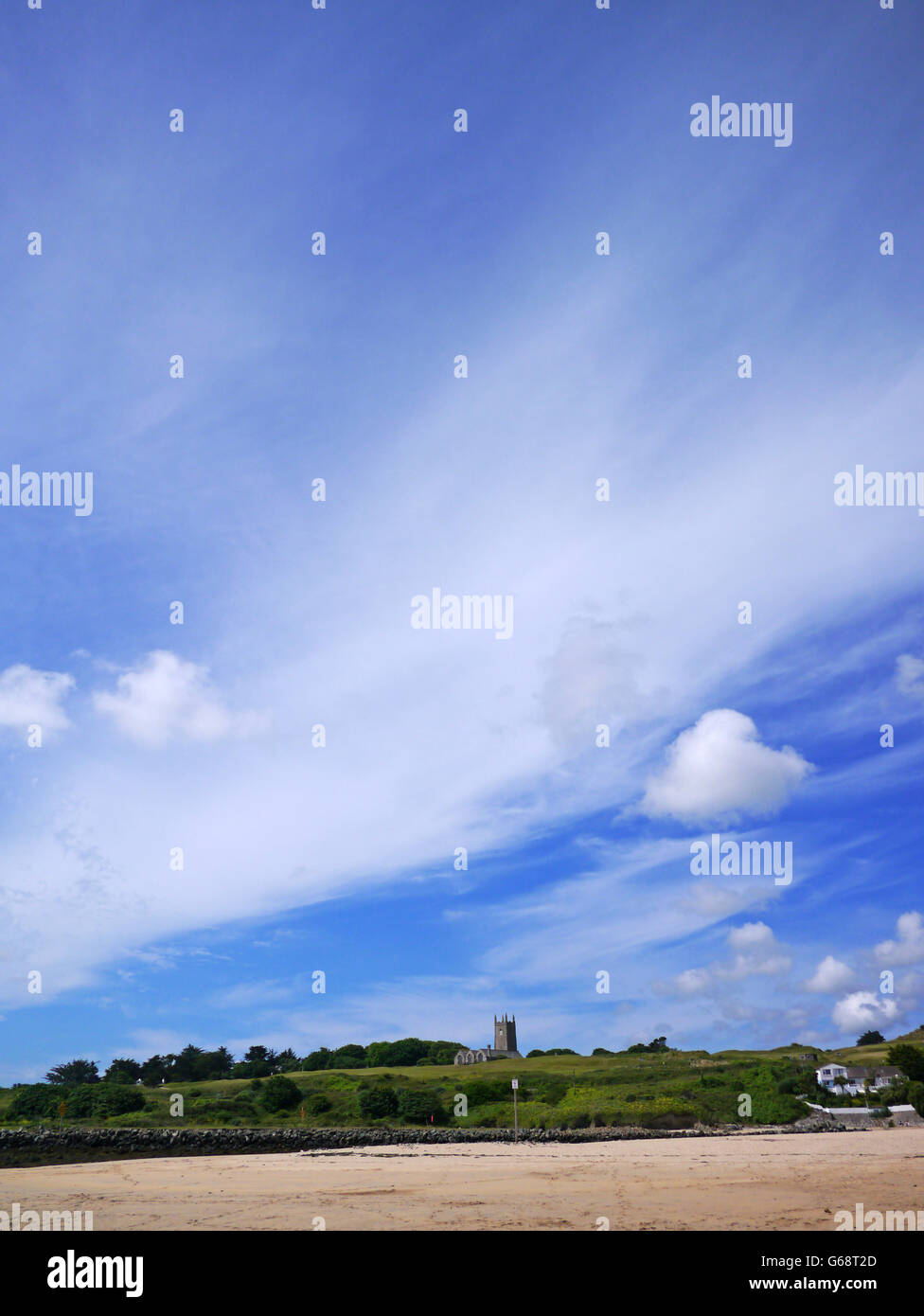 View of St. Unys church and Lelant from  Hayle towans Stock Photo
