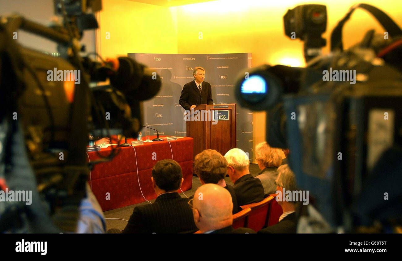 French Foreign Minister Dominique de Villepin giving the Alastair Buchan Memorial Lecture, at the International Institute for Strategic Studies in central London. He was visiting Britain for the first time since the outbreak of war in Iraq. * France has been fiercely opposed to the US and British-led military action against Saddam Hussein's regime. Stock Photo