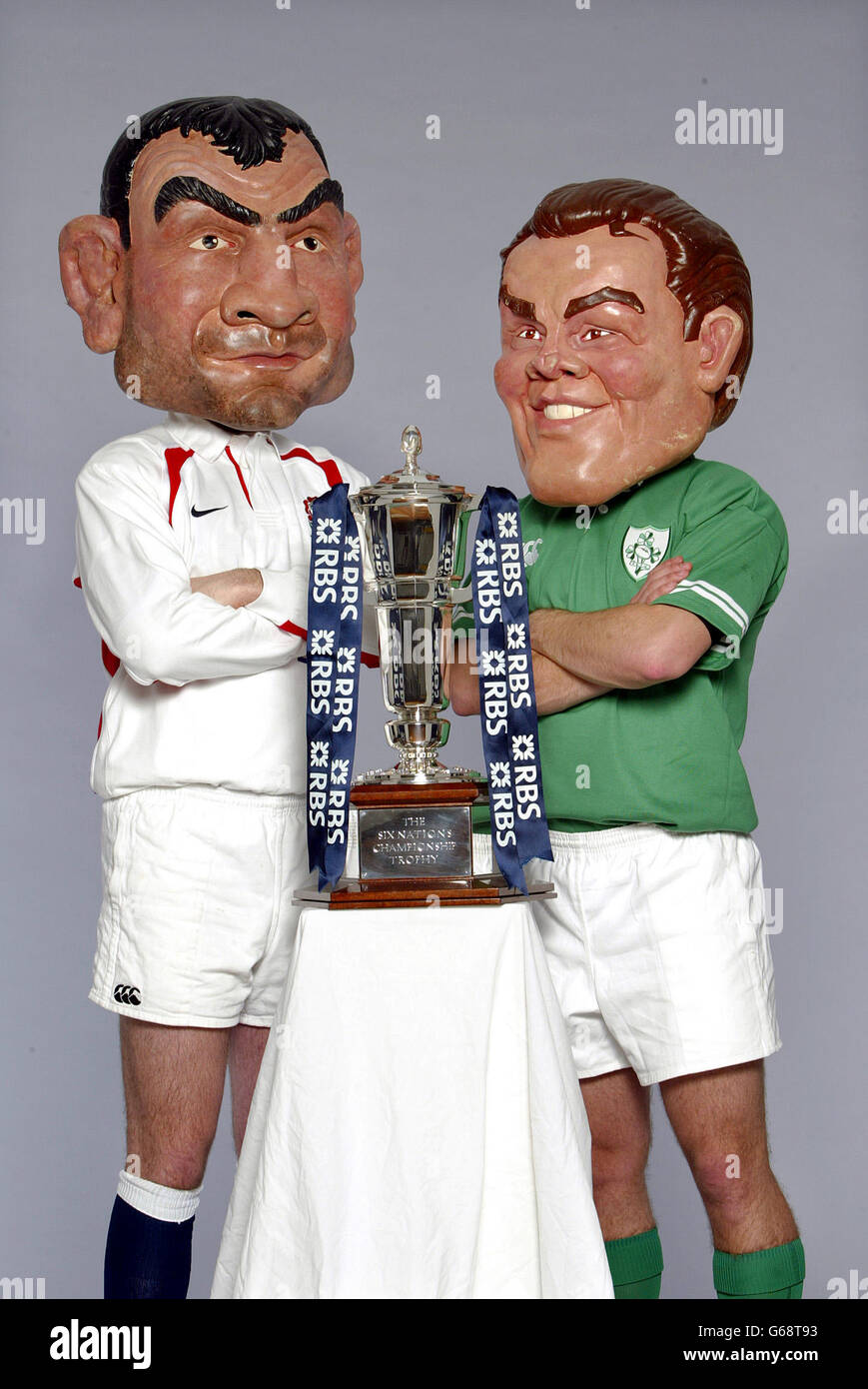 The 'Big Heads' characters based on, England captain Martin Johnson (right) and Ireland captain