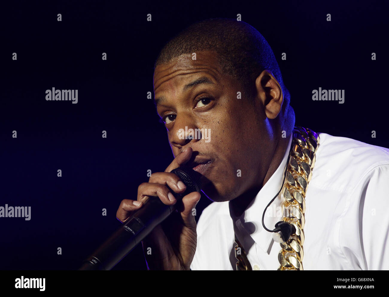 Jay Z performing on the Main Stage at the Yahoo! Wireless Festival, at the Queen Elizabeth Olympic Park in east London. Stock Photo
