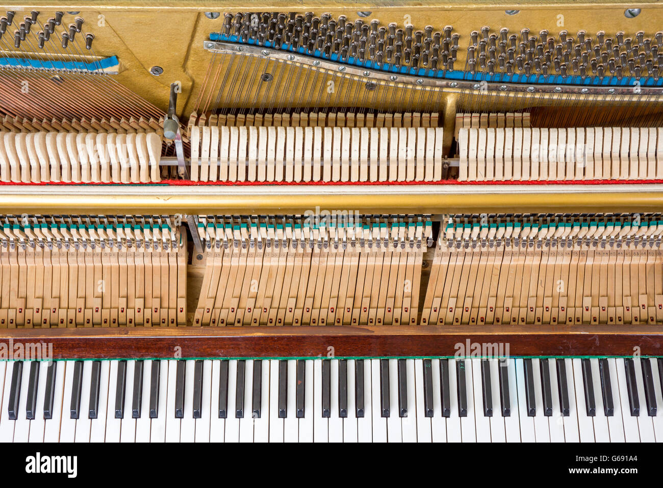 Keyboard and mechanics details of an upright piano Stock Photo