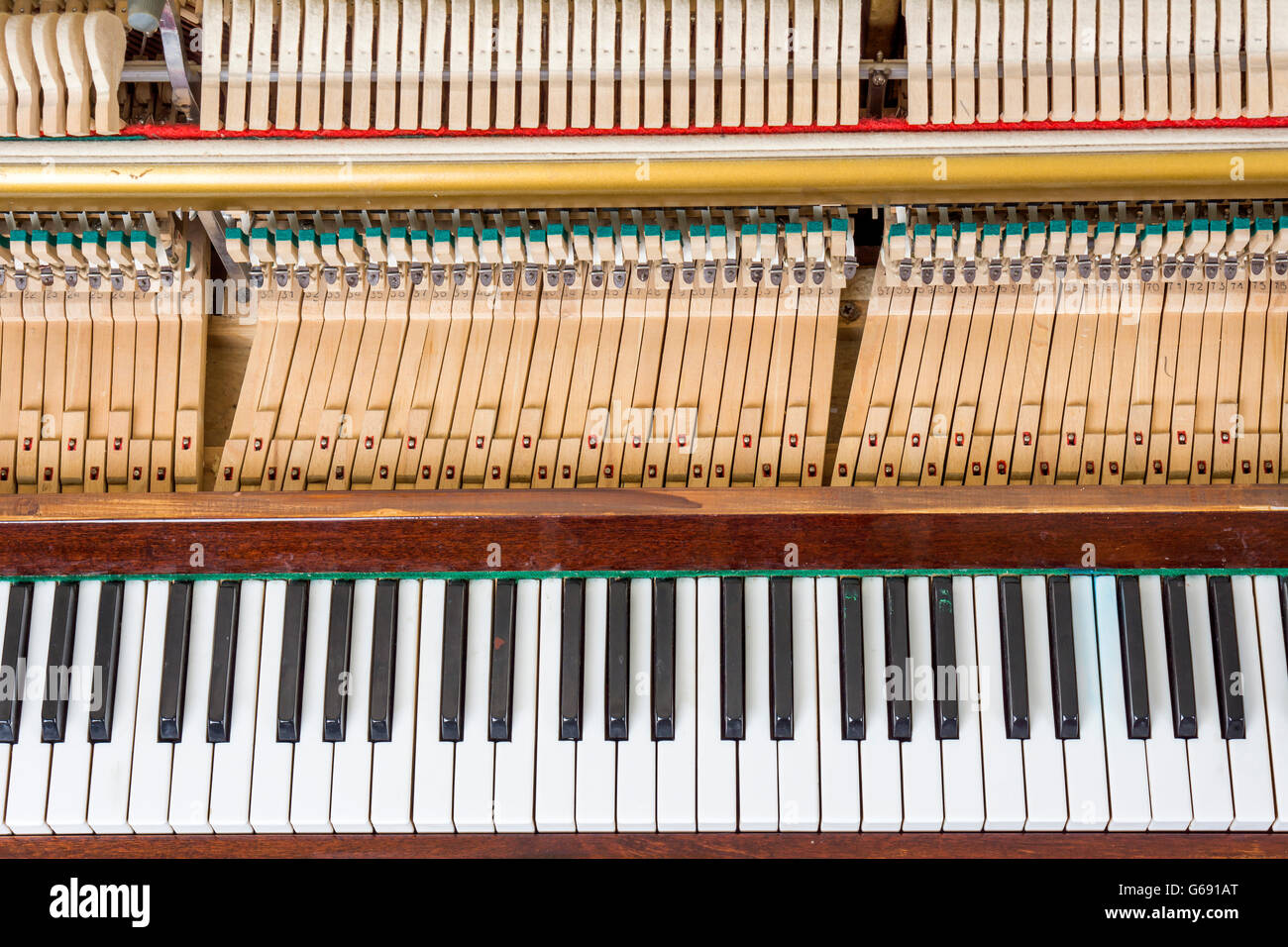 Keyboard and mechanics details of an upright piano Stock Photo