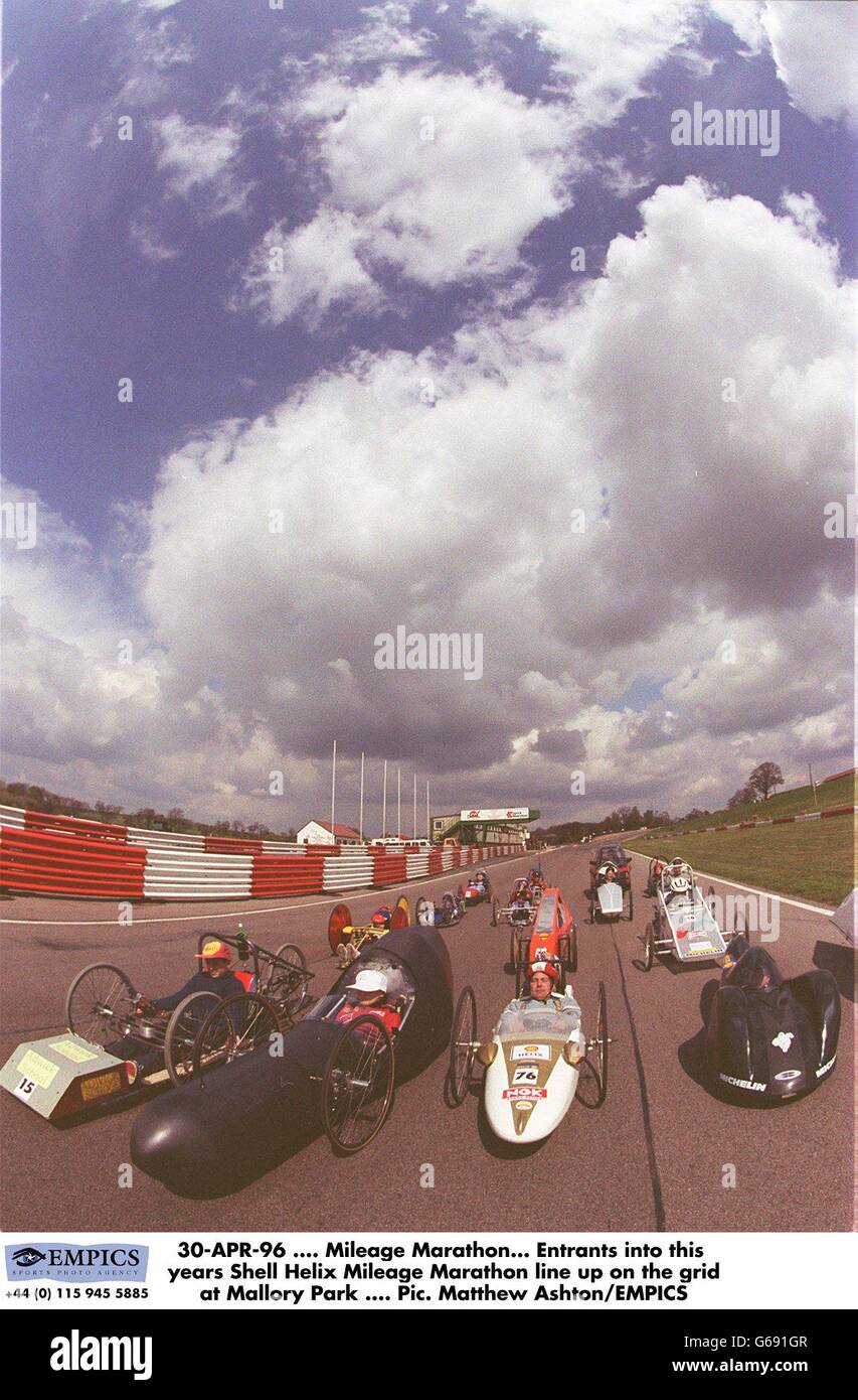30-APR-96, Mileage Marathon. Entrants into this years Shell Helix Mileage Marathon line up on the grid at Mallory Park Stock Photo