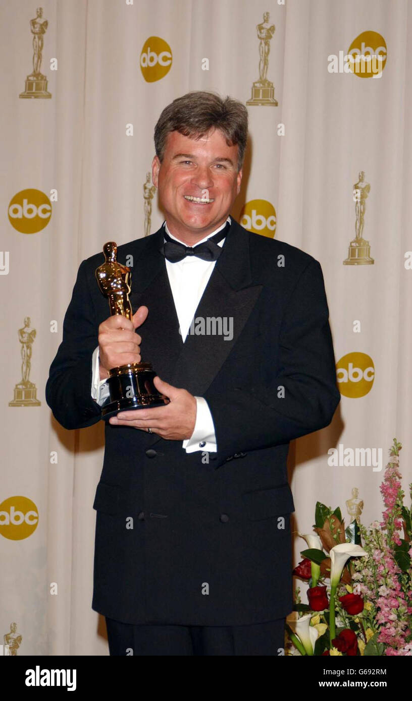 Conrad W Hall with his Oscar for Best Cinematography for the film Road to Perdition at the 75th Academy Awards held at the Kodak Theatre. Stock Photo