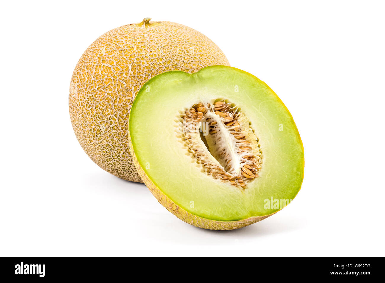 Fresh ripe organic cantaloupe melons isolated on white background Stock