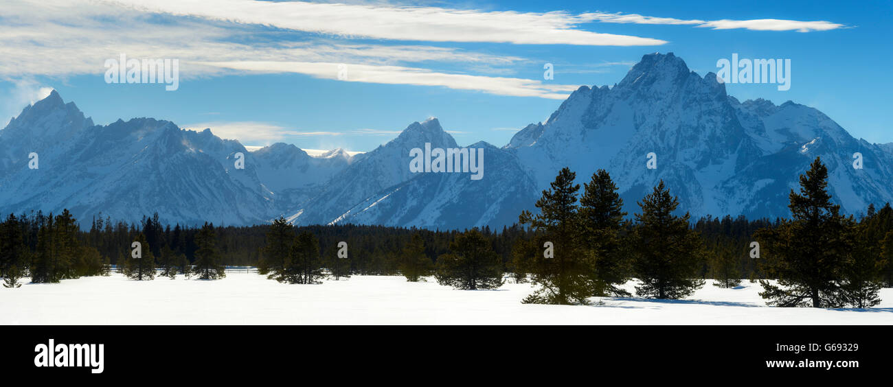 Panoramic view on Teton Range in landscape from Yellowstone national park in winter, Wyoming, USA. Stock Photo