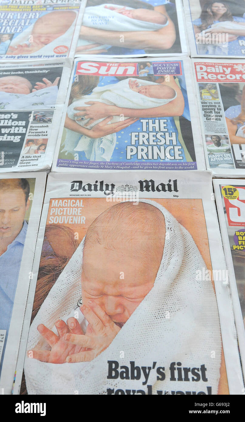 Britain's national newspapers coverage of the first appearance of the Duke and Duchess of Cambridge with their new baby boy Stock Photo