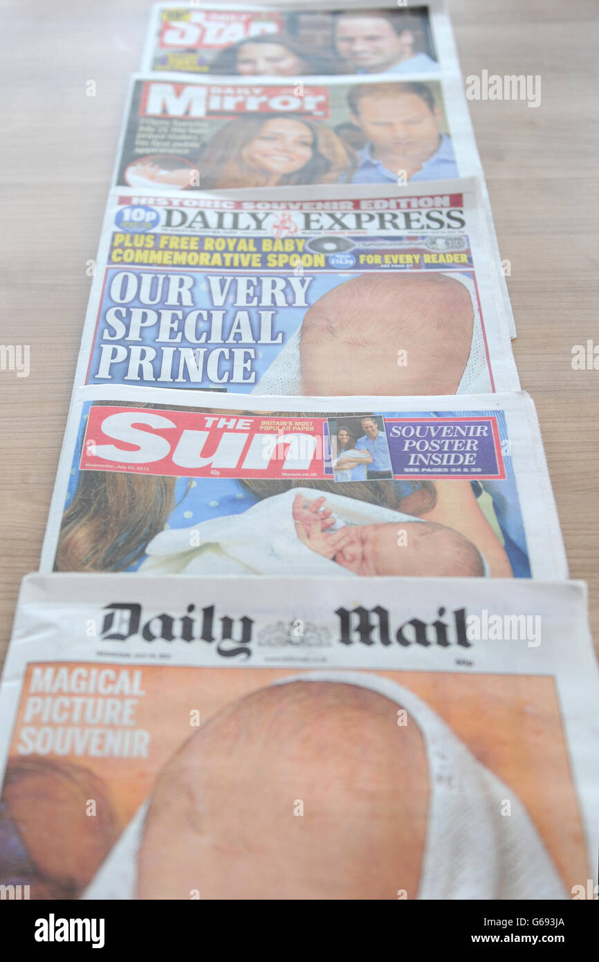 Britain's national newspapers coverage of the first appearance of the Duke and Duchess of Cambridge with their new baby boy Stock Photo