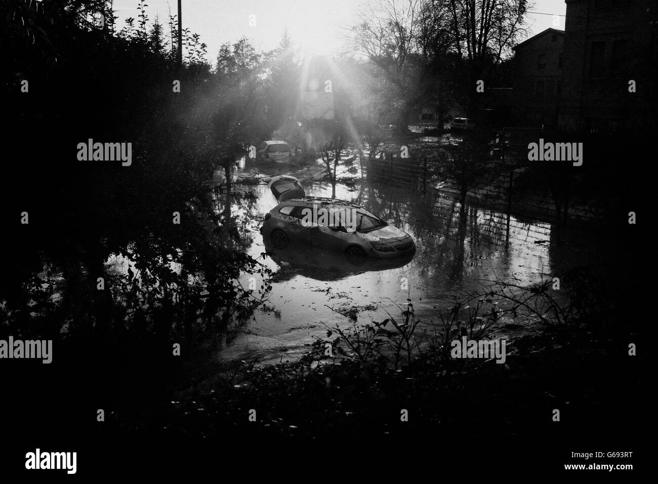 flood in Parma, car immersed in the water. Stock Photo