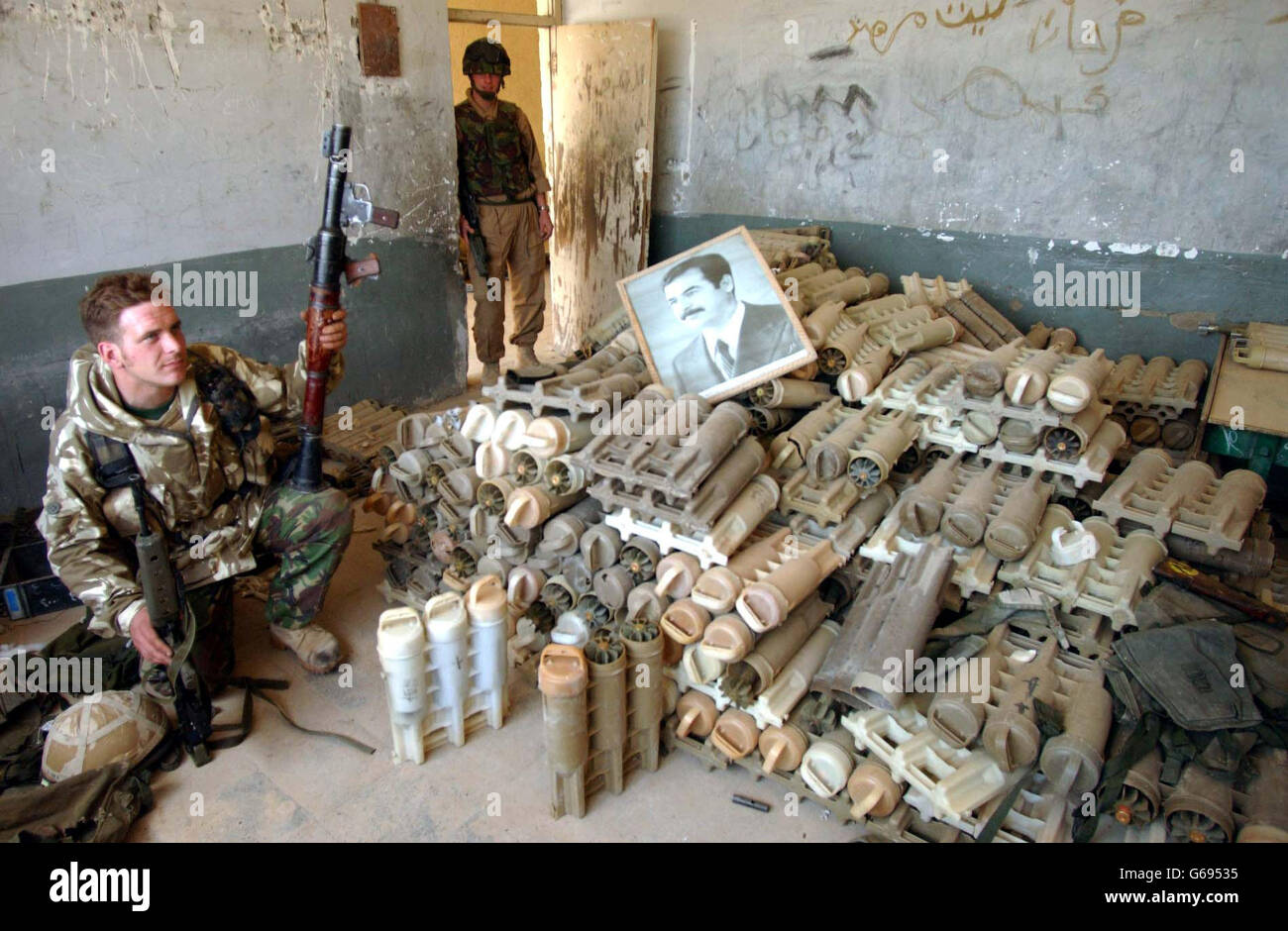 Az Zubaya, Iraq, near Basra, at the school where an arms cache was found (Az Zubayr primary school.) Soldiers from the light infantry and 2nd Royal Tank Regiment battle group discovered the cache. Stock Photo