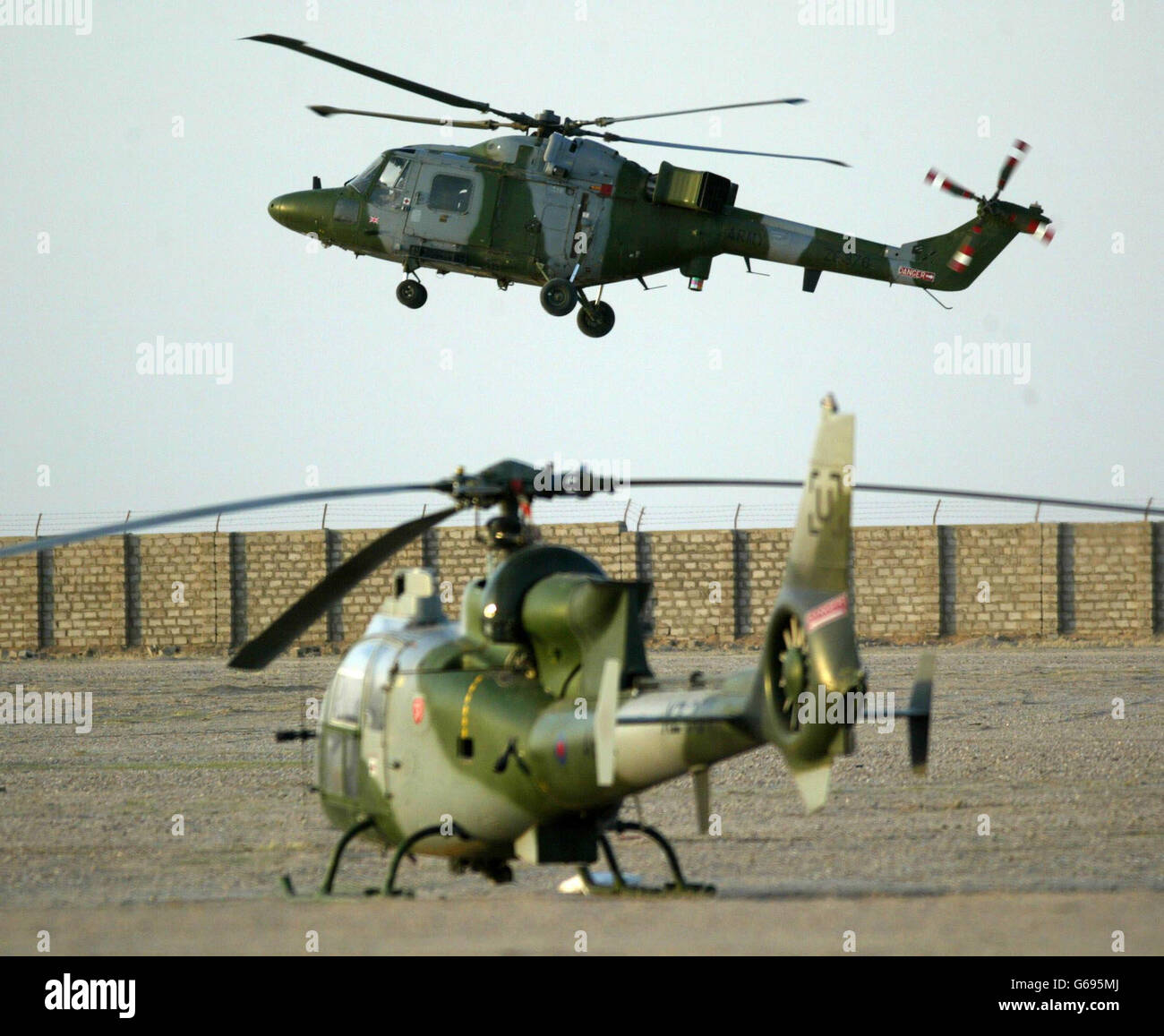 Lynx Mark 9 helicopter.. A Lynx Mark 9 helicopter landing in front of a Gazelle helicopter, 3 Regiment Army Air Corps. Stock Photo