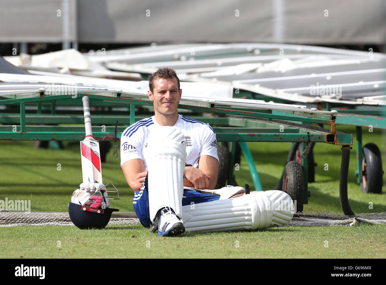 England's Chris Tremlett waits his turn to practise his batting during a nets session at Old Trafford, Manchester. Stock Photo