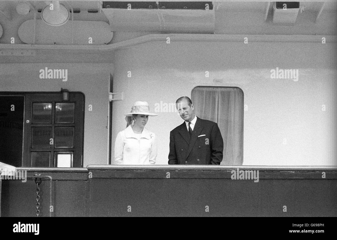 Prince Philip, The Duke of Edinburgh and Princess Anne aboard the Royal yacht Britannia shortly before leaving Southampton with The Queen and other Members of the Royal Family. Britannia is taking them to a Scottish port, where they will drive to Balmoral for their annual holiday Stock Photo