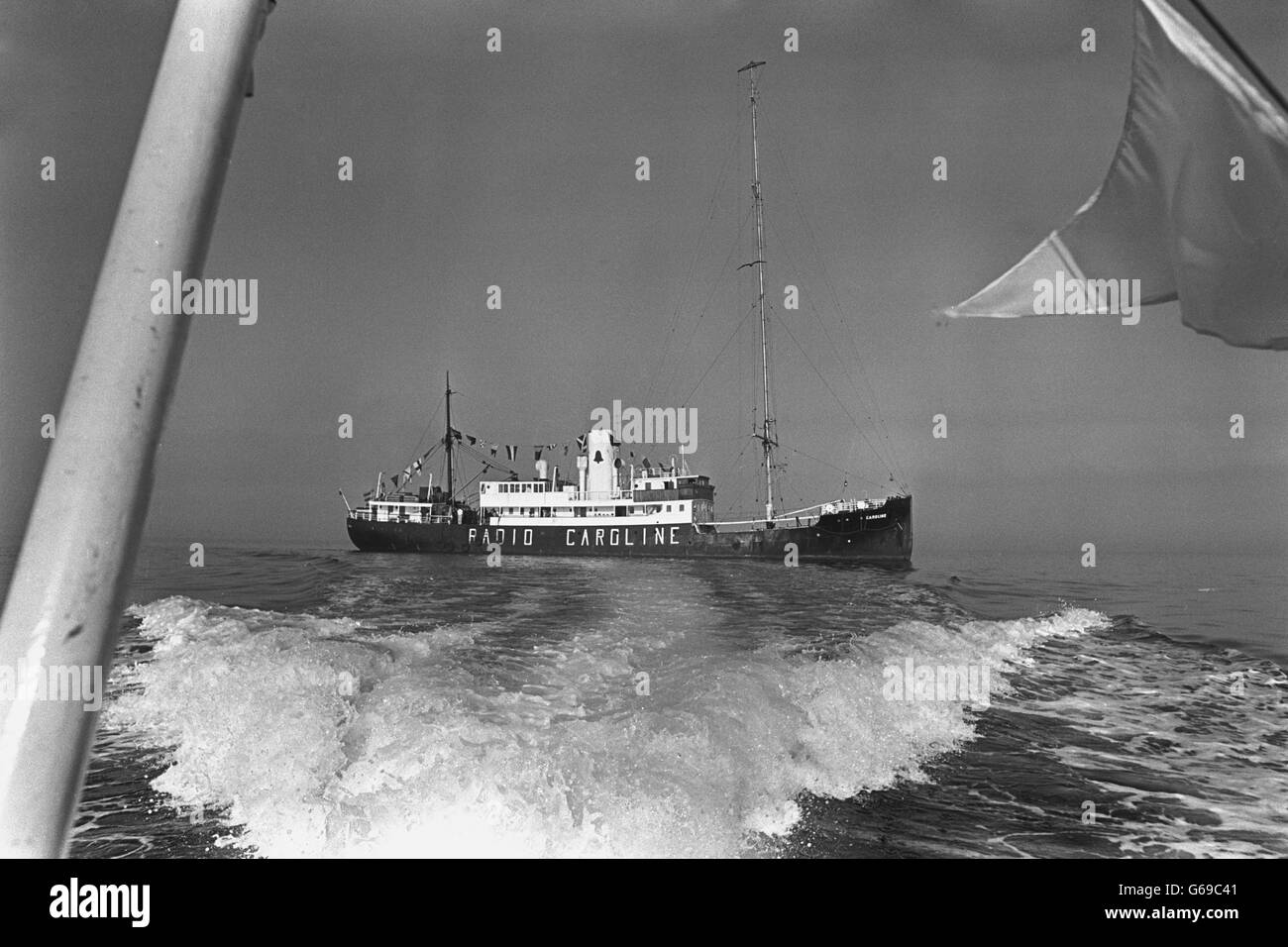 Pirate music station Radio Caroline North, anchored off Ramsey, Isle of Man. It intends to carry on broadcasting despite an Order in Council, which came into operation a minute after midnight and extends United Kingdom 'pop pirate' legislation to the island. The station and its sister ship - Radio Caroline South, broadcasting off Felixstowe - were outlawed after the Marine Broadcasting Offences Act came into force. Stock Photo