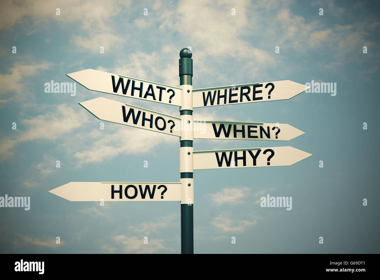 What, Where, Who, Why, When, How-written with Direction board Stock ...