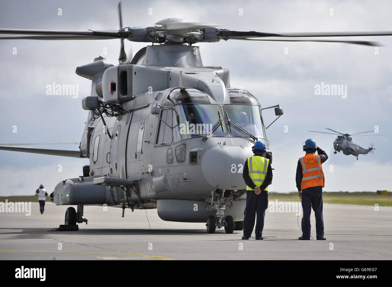 Merlin Mk 2 aircraft at Royal Naval Air Station Culdrose, Cornwall, where the first of the UK's fleet of next generation anti-submarine maritime patrol Merlin helicopters have been handed over to the Royal Navy. Stock Photo