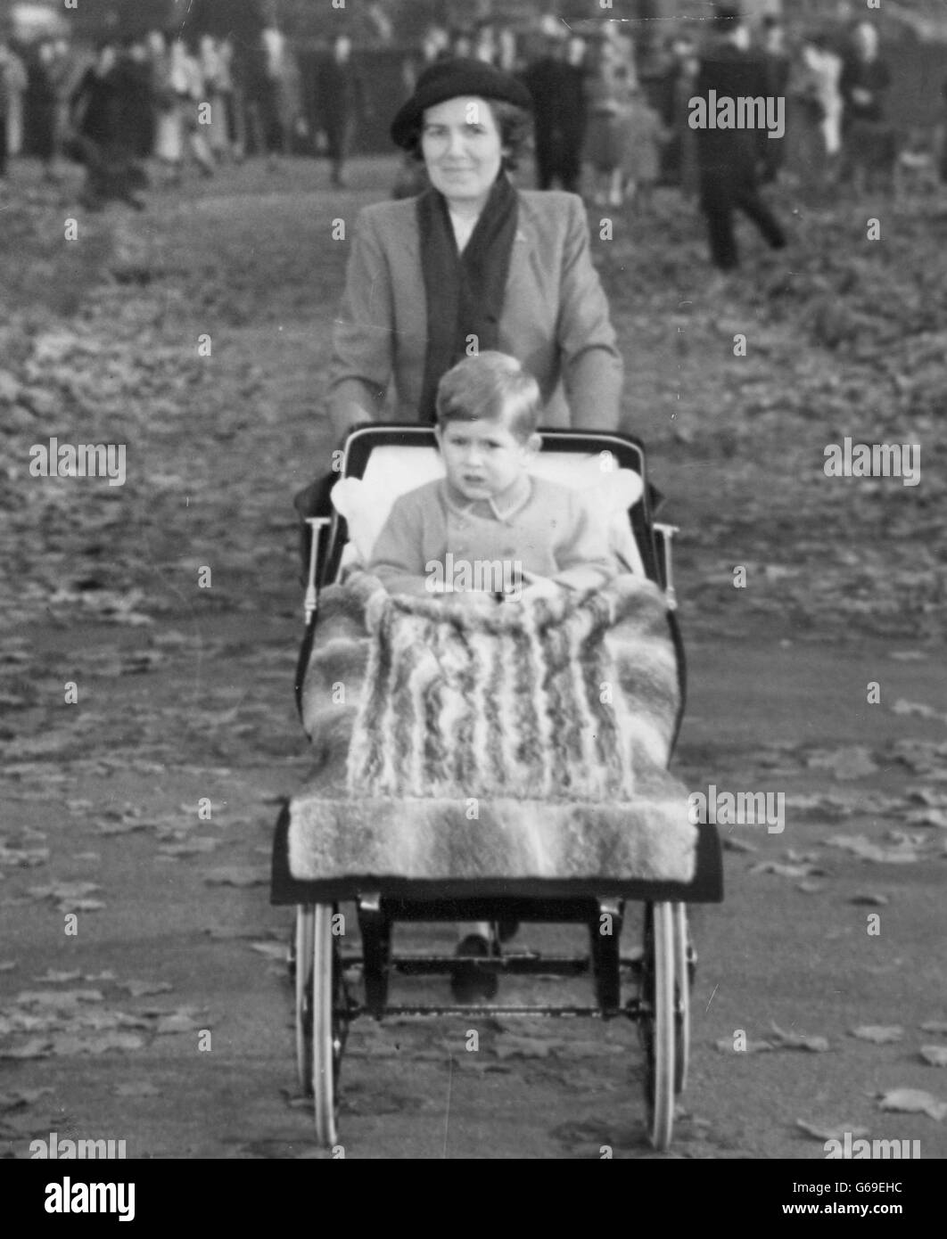 Prince Charles, three years old today, has a morning pram ride with nurse Lightbody through St James's Park in London. *Low-res scan - Hi-res scan on request Stock Photo