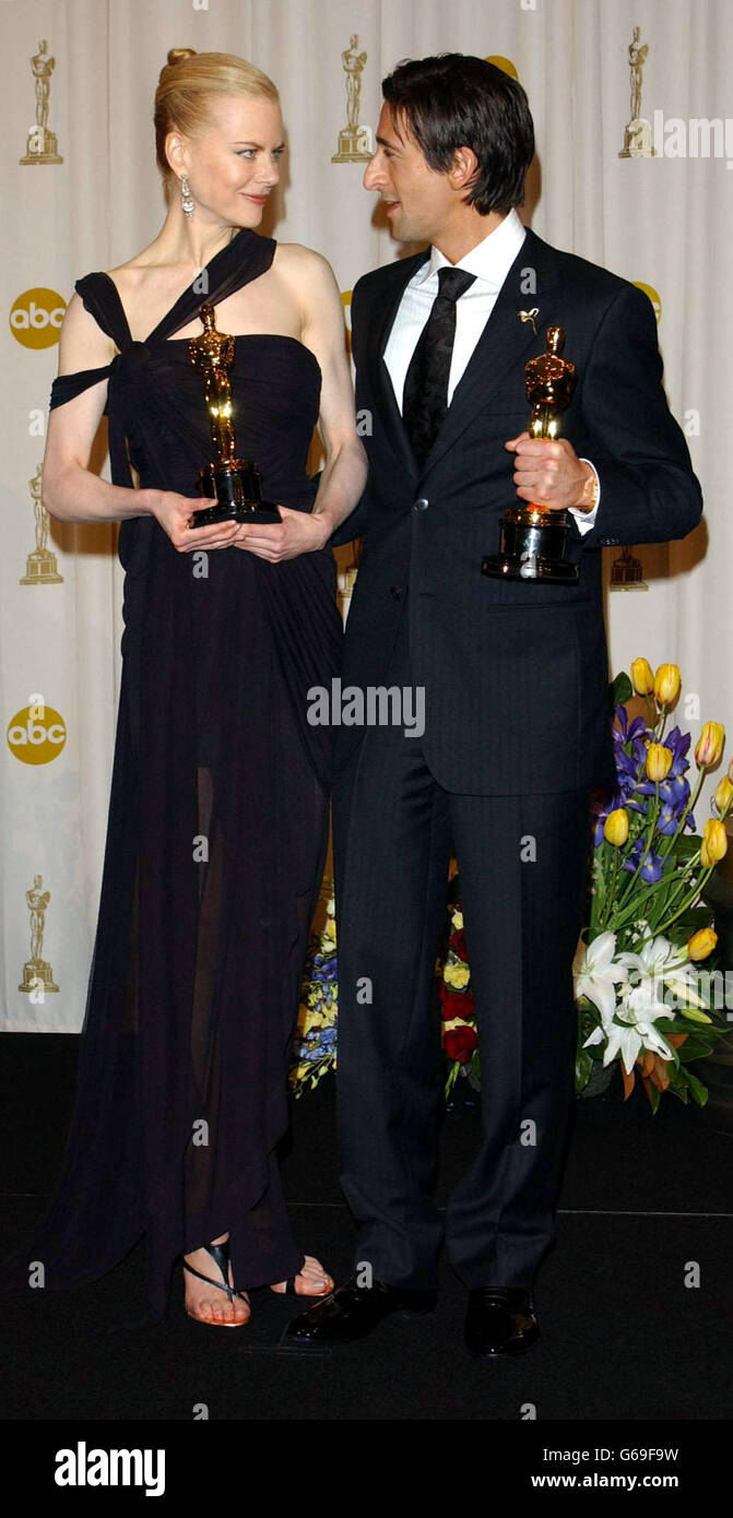 Actor Adrien Brody with his Best Actor Oscar for The Pianist and Actress Nicole Kidman with her Best Actress Oscar for The Hours at the 75th Academy Awards, Oscars, at the Kodak Theatre in Hollywood. Stock Photo