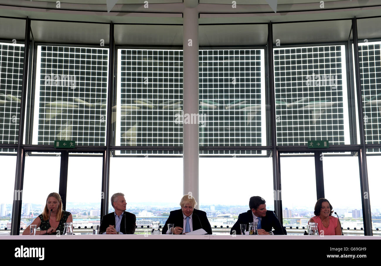 (left to right) Anna Watkins of Team GB, Commercial Secretary to the Treasury and former LOCOG CEO, Lord Paul Deighton, Mayor of London Boris Johnson, Minister of Sport and Tourism Hugh Robertson and ParalympicsGB for sitting Volleyball Martine Wright during a press conference at the City Hall, London. Stock Photo