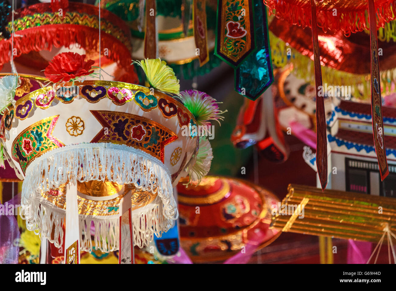 Colourful Vietnamese temple lanterns / religious decoration Stock Photo