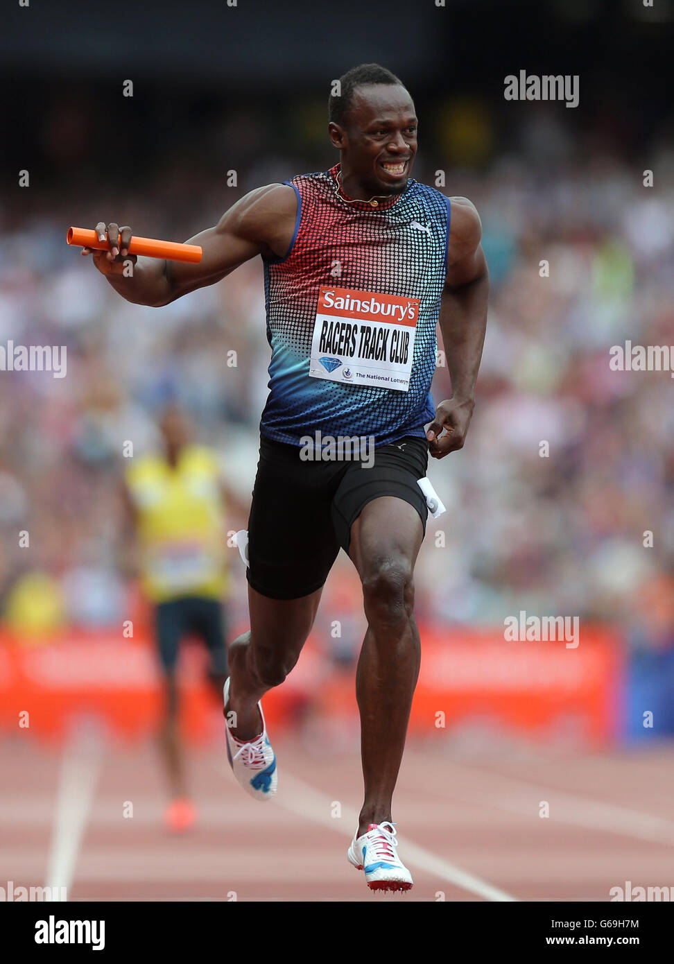 Jamaica's Usain Bolt wins the 4x100 metres relay for the Racers track