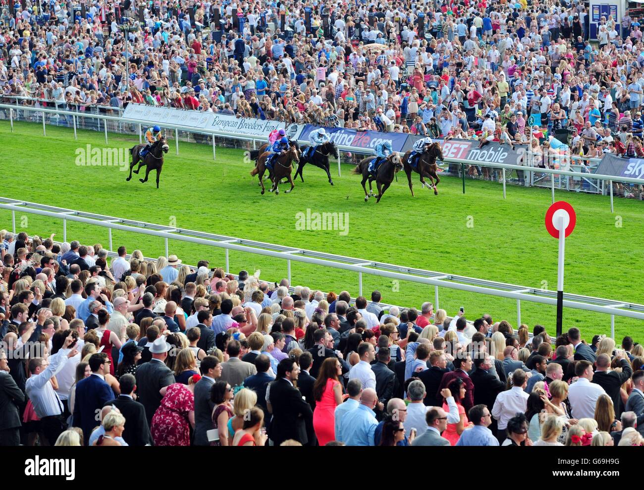 Innocently ridden by Daniel Tudhope (front, left) beats Mr Dandy Man ridden by Robert Winston to win the Sky Bet Stakes during the Music Showcase Weekend at York Racecourse, York. Stock Photo