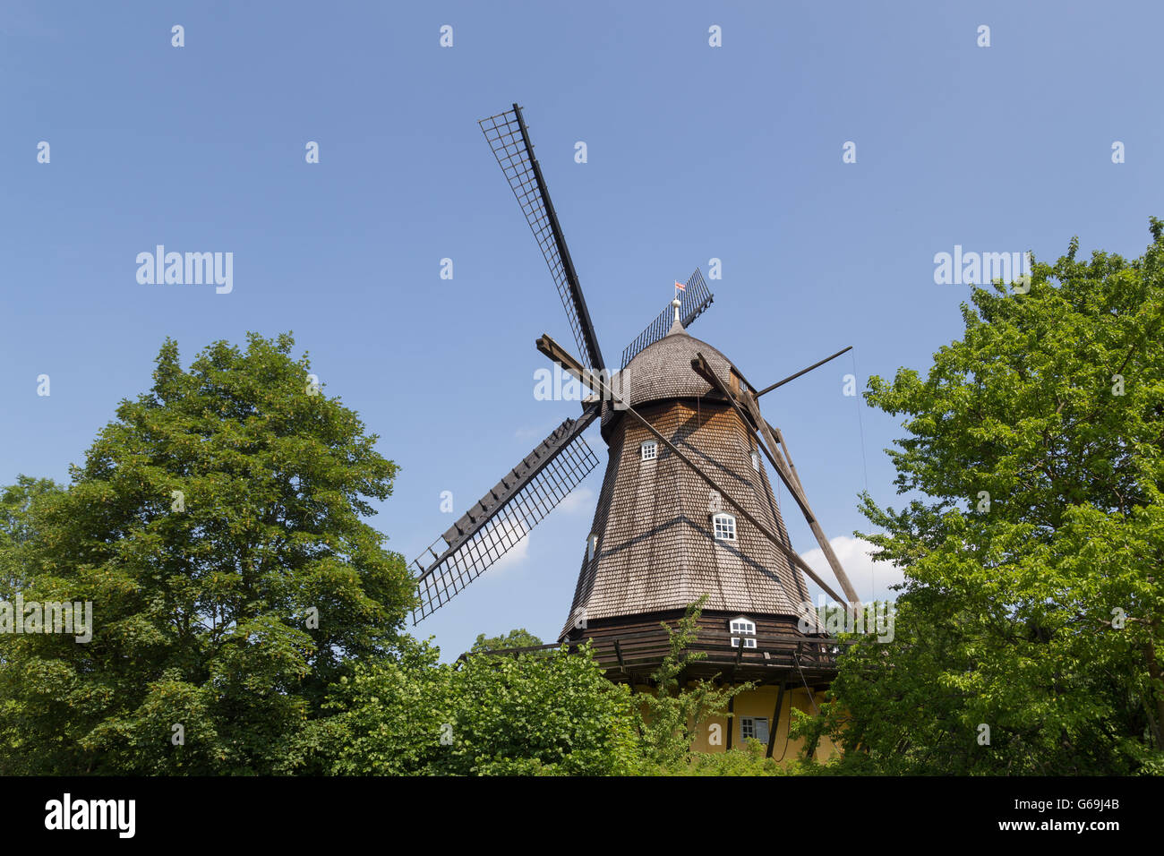 Lyngby, Denmark - June 23, 2016: The historic Fuglevad windmill in the Frilands Museum. Stock Photo