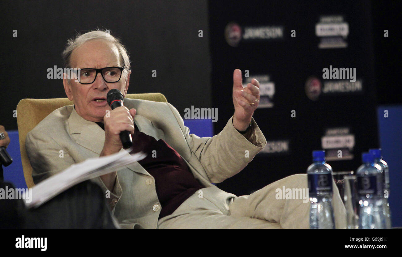 Oscar winning composer Ennio Morricone during a public interview before the screening of The Mission, at the Lighthouse Cinema in Dublin where he was presented with a Volta Award from Jameson Dublin International Film Festival in recognition of his extraordinary contribution to film. Stock Photo