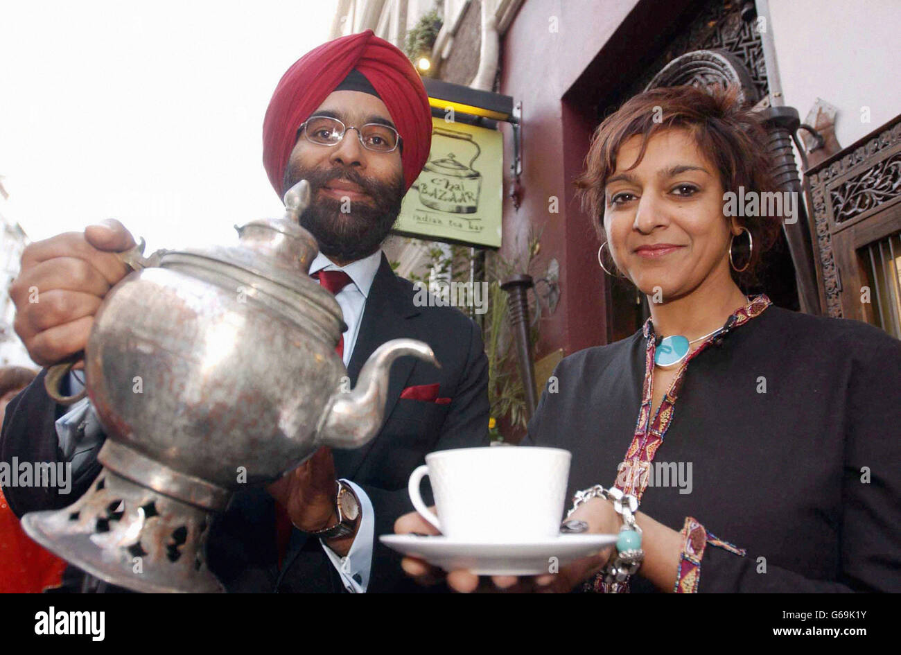 Actress Meera Syal, accompanied by Jagmohan Singh Raju, Director of Tea Board India, during a photocall to launch 'Chai Bazaar', an authentic Indian tea bar in London. Stock Photo