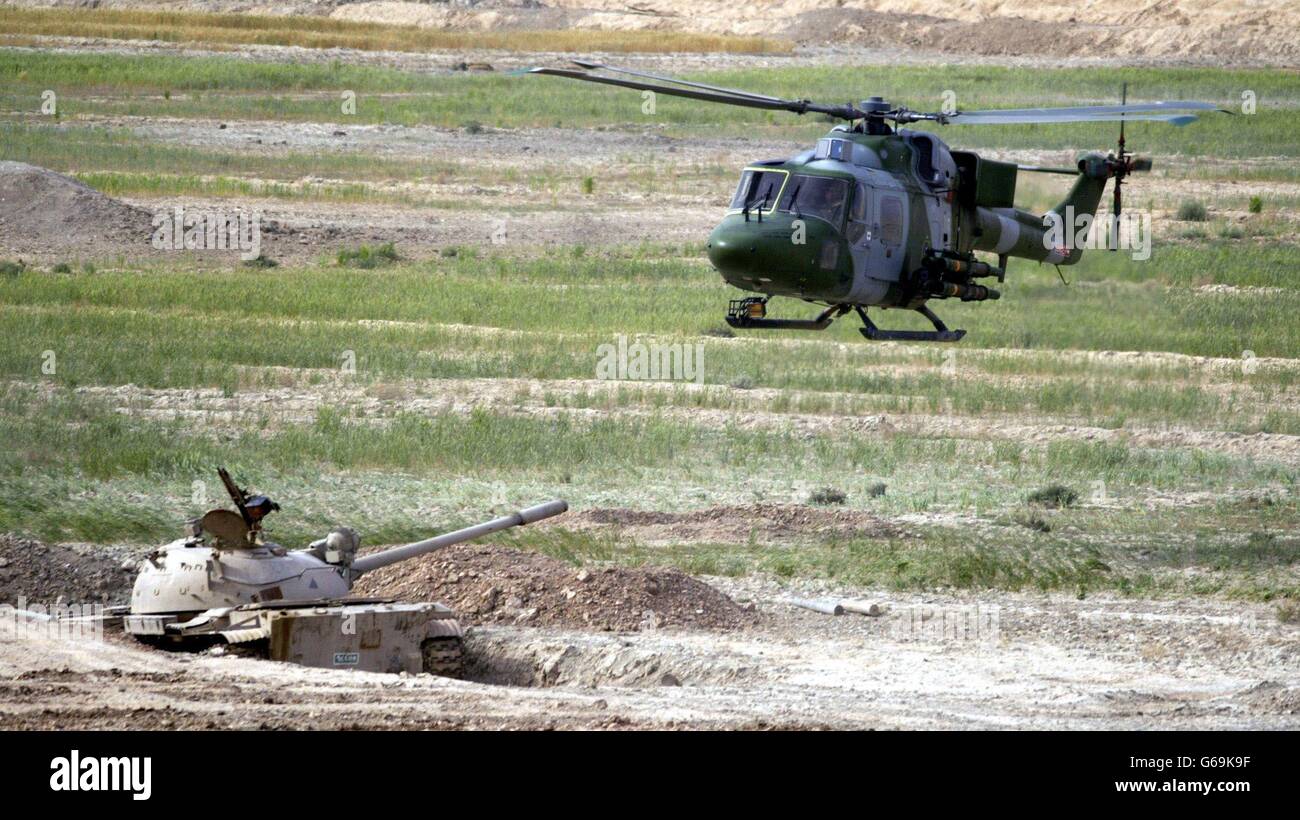 A Mark 7 Lynx helicopter from 3 Reg Army Air Corps, 16 Air Assault Brigade on a combat patrol, carrying TOW missiles, flies over a destroyed Iraqi T55 tank, south of Al Qurnah, Iraq. 09/02/04: Mark 7 Lynx helicopter, south of Al Qurnah, Iraq. An investigation has been launched after a Royal Navy helicopter crashed in Antarctica, leaving three of its crew seriously injured, the Ministry of Defence said. The Lynx helicopter was helping the ice patrol ship HMS Endurance and the research ship Ernest Shackleton when it came down on ice on the coast of the Weddell Sea on Sunday afternoon. 08/12/04: Stock Photo