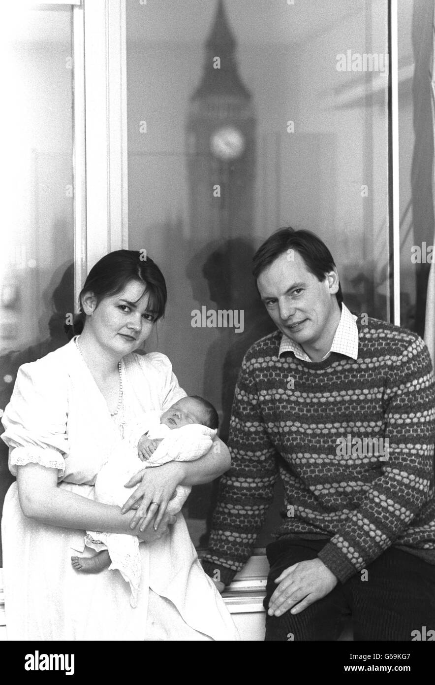 Francis Maude, 33, Conservative MP for Warwickshire North, with his wife Christina, 29, and baby Julia, who was born on Boxing Day, at St Thomas's Hospital in London. Stock Photo