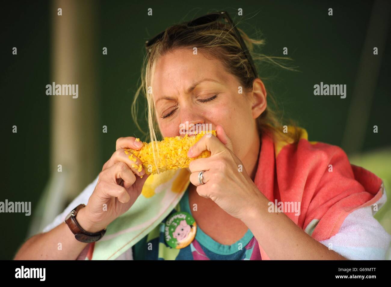 Wendy Hiley attempting to beat the record at the World Sweetcorn Eating