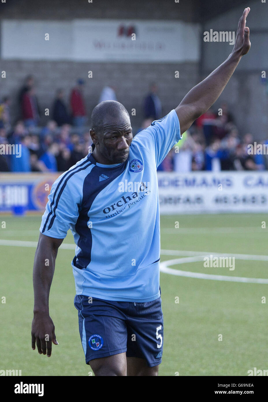 Forfar Athletic's Marvin Andrews waves to the Rangers fans following the Scottish Communities League Cup, First Round match at Station Park, Forfar. Stock Photo