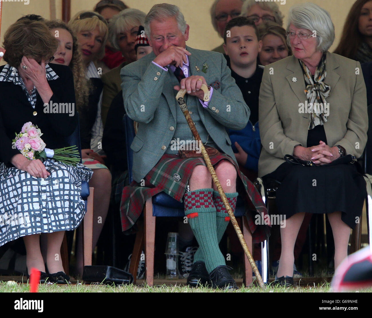 The Prince of Wales watches a martial arts display as Chieftain of the Mey Highland Games during his visit to the Mey Games in Caithness, Scotland. Stock Photo