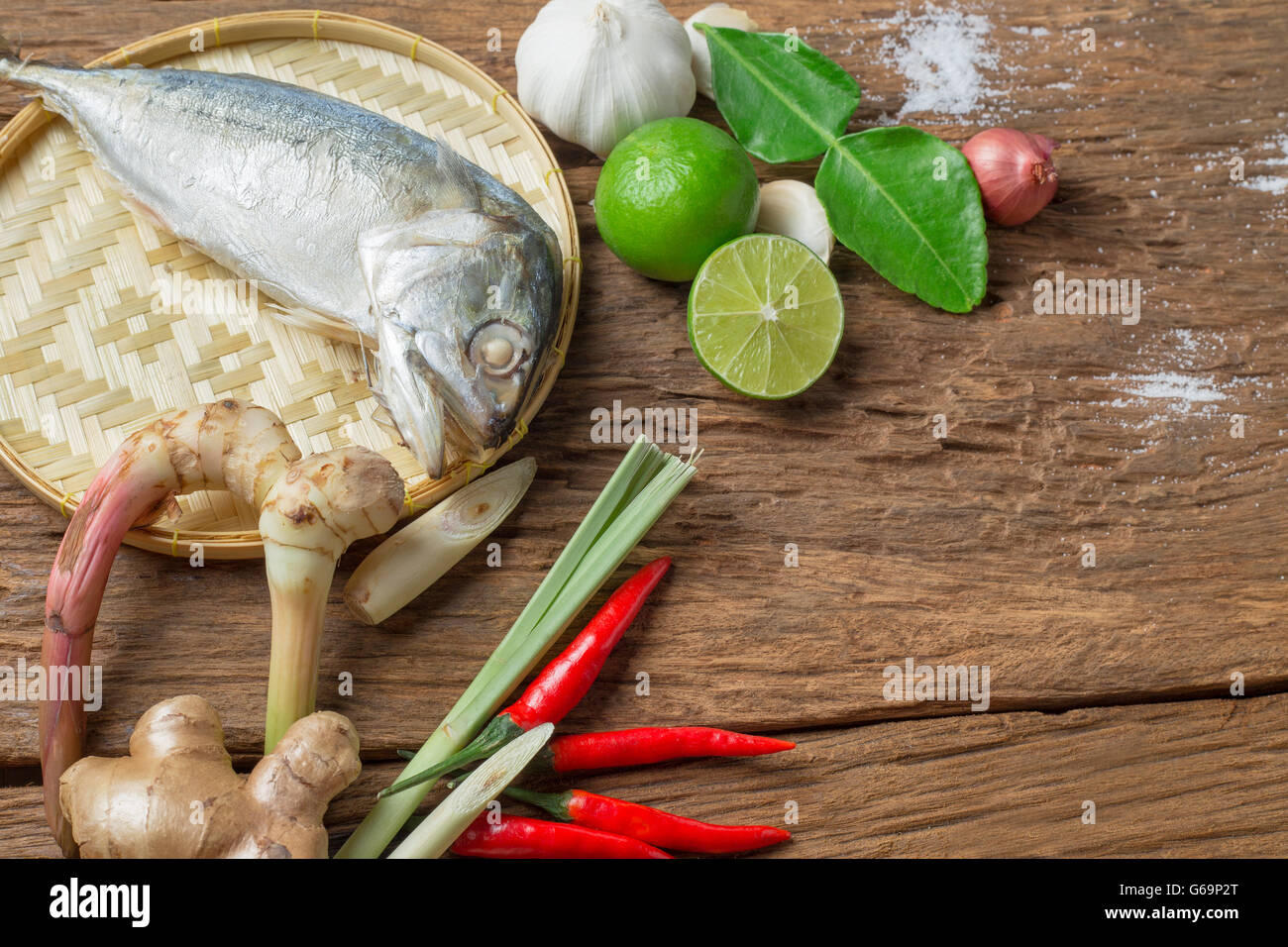 Ingredient of Tom Yum spicy soup With steamed mackerel Fish Traditional