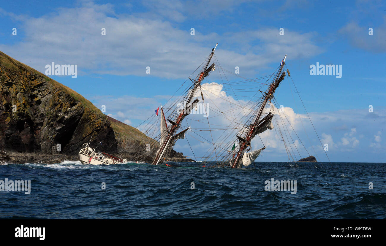 The Astrid tall ship which has ran aground off the south coast of Ireland on Wednesday, it is due to be surveyed to determine whether it is possible to salvage. Picture date: Friday July 26, 2013. The vessel hit rocks off the Sovereign islands near Kinsale, Co Cork as it attempted to navigate the western entrance to the harbour near the tourist town. Photo credit should read: Niall Carson/PA Wire Stock Photo