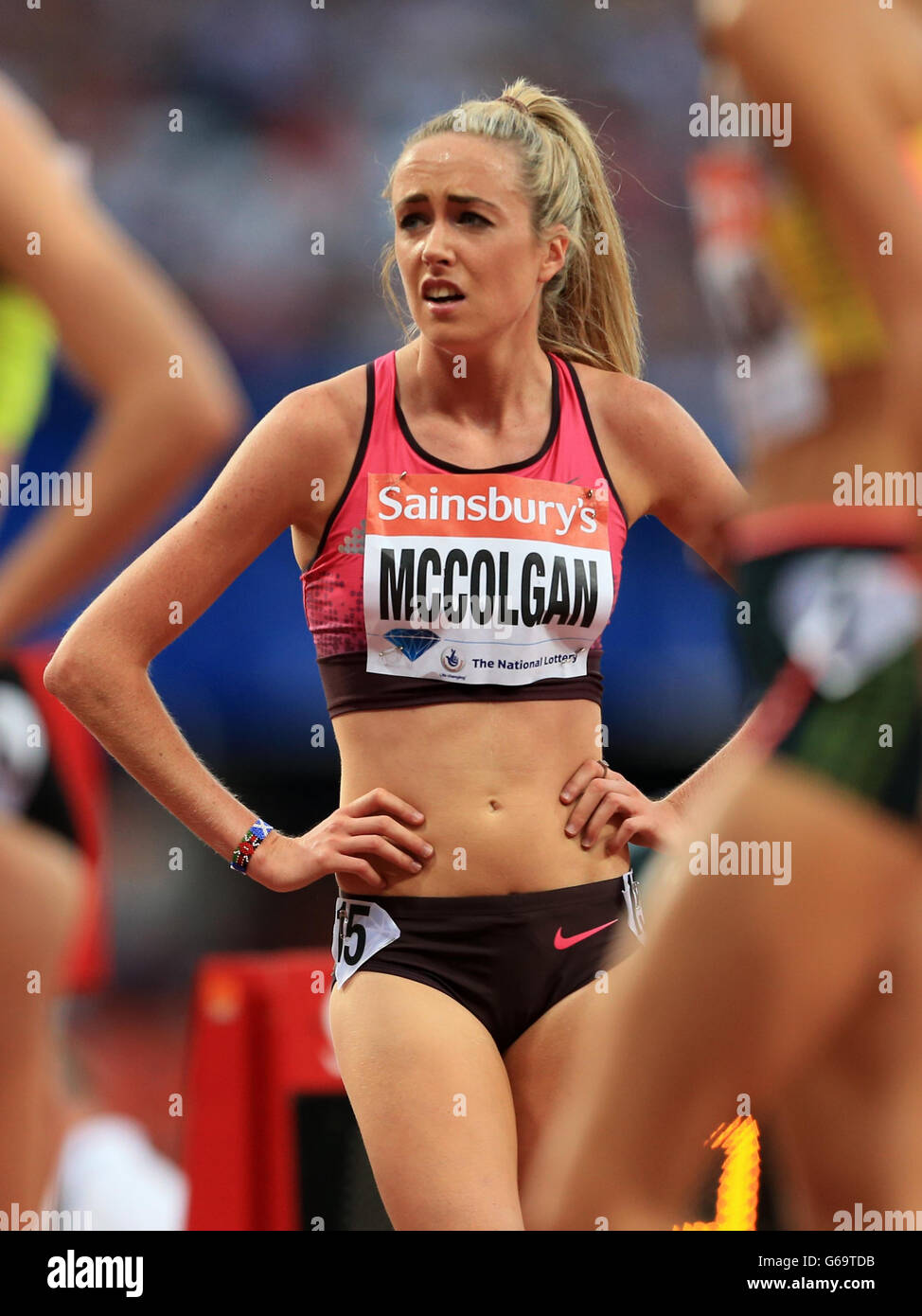 Great Britain's Eilish McColgan reacts after the women's 3000 metres during  day one of the IAAF London Diamond League meeting at the Olympic Stadium,  London Stock Photo - Alamy