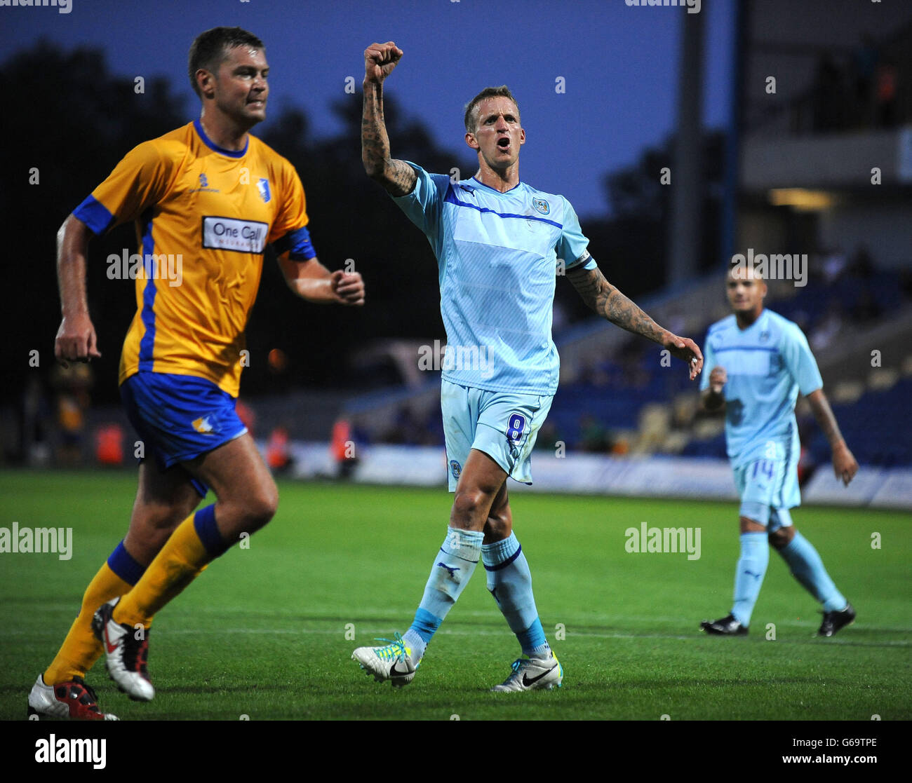 Soccer - Friendly - Mansfield Town v Coventry City - Field Mill. Coventry City's Carl Baker celebrates after scoring the winning goal against Mansfield Town from the penalty spot. Stock Photo