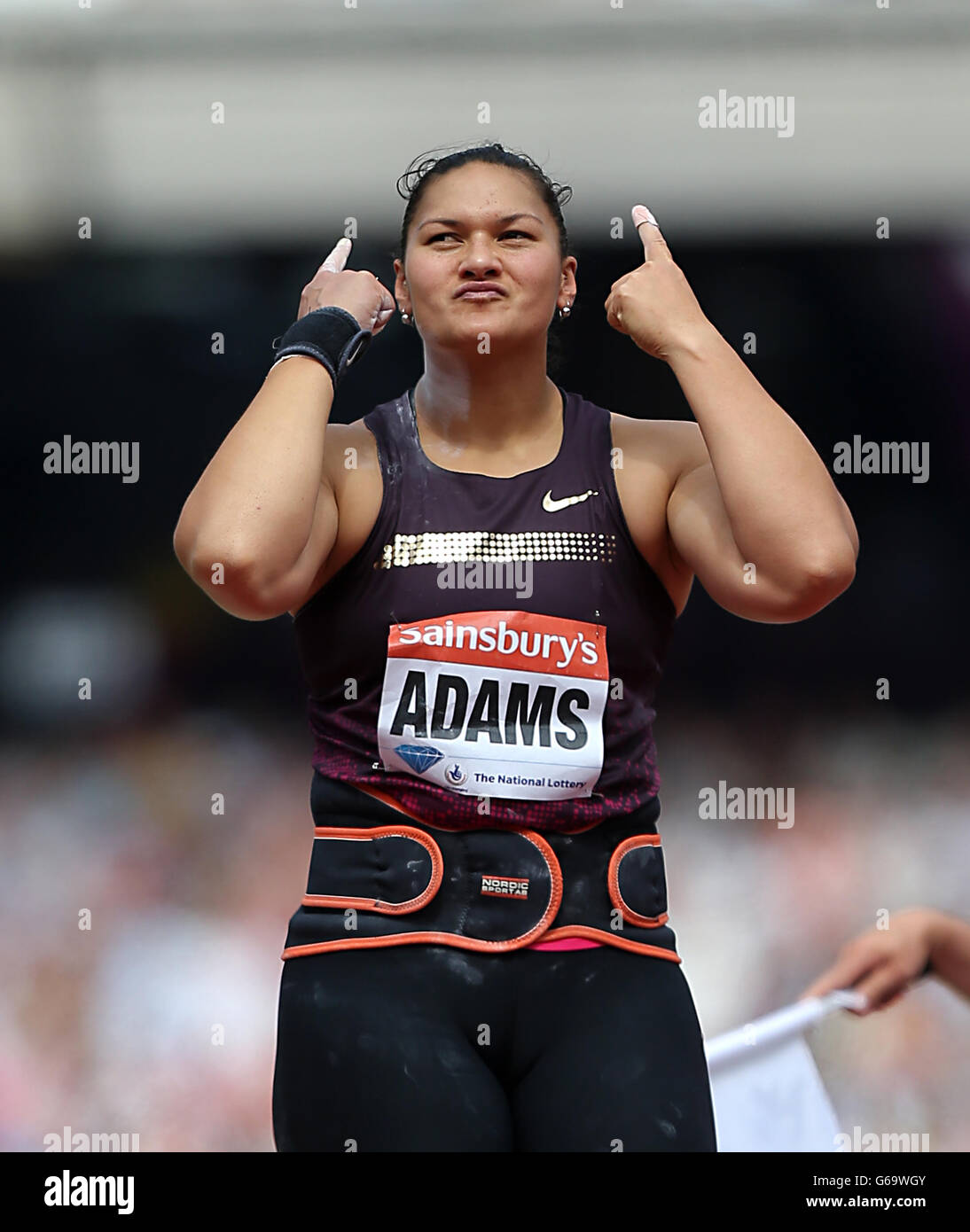 New Zealand's Valerie Adams reacts during the women's shot put during
