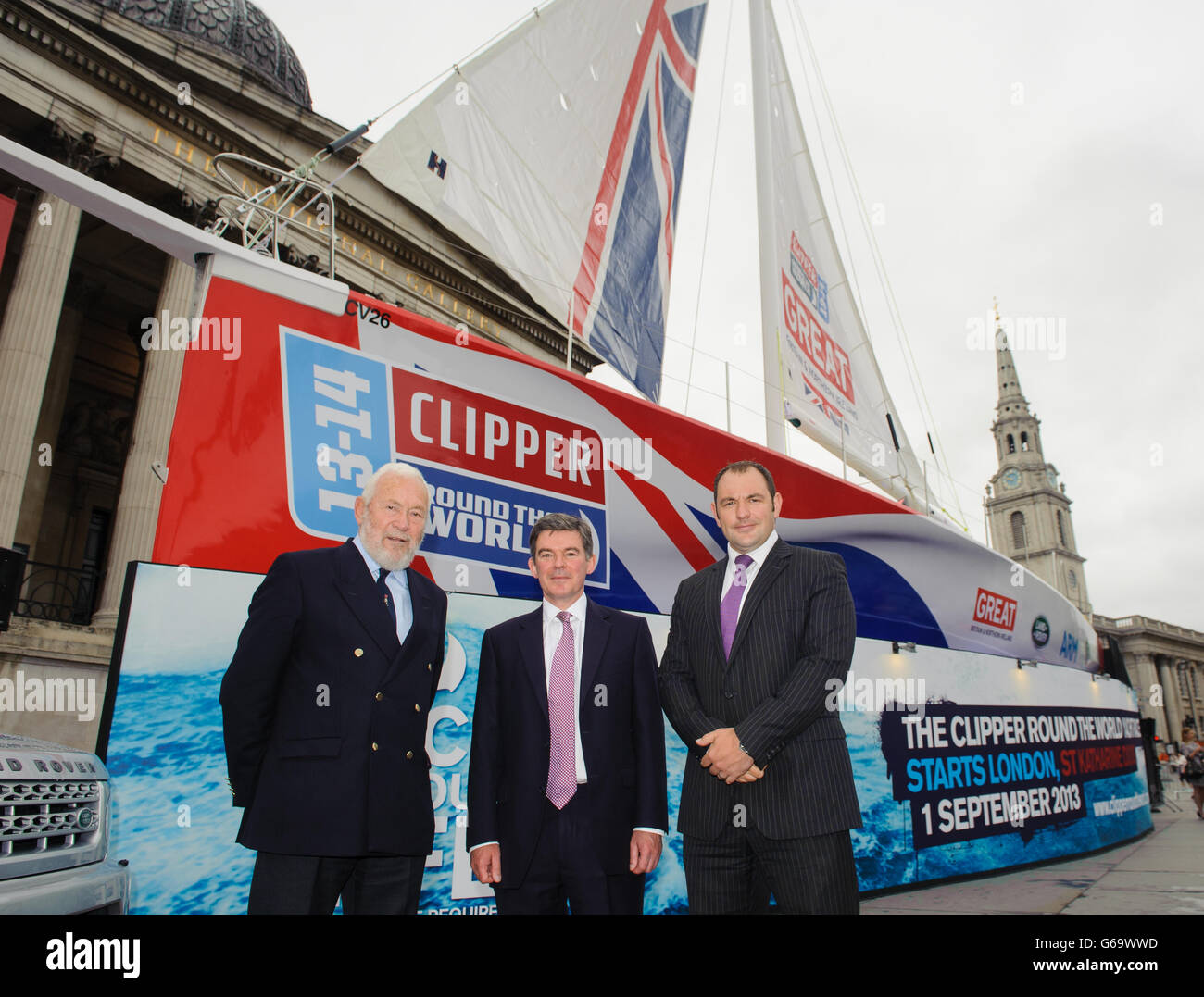 (left to right) Sir Robin Knox-Johnston, Sports Minister Hugh Robertson and Global Sponsorship Manager for Land Rover Ed Tilston at a launch event for the yacht 'Great Britain' in Trafalgar Square, London. PRESS ASSOCIATION Photo. 'Great Britain' will be the flagship of the Clipper Round the World Yacht Race, which starts on 1 September 2013. Picture date: Wednesday July 31, 2013. Photo credit should read: Dominic Lipinski/PA Wire Stock Photo