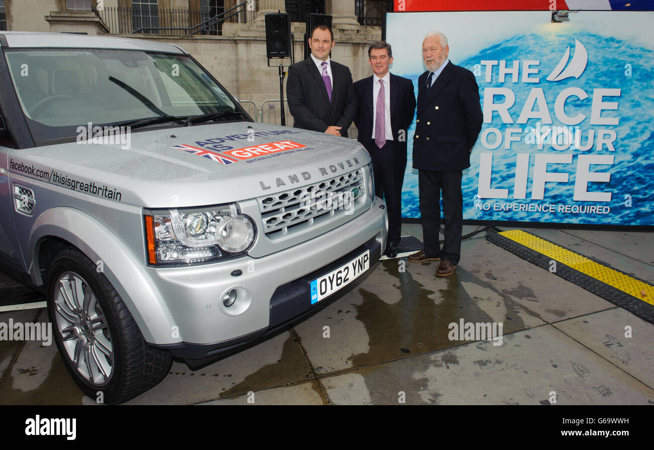 (left to right) Global Sponsorship Manager for Land Rover Ed Tilston, Sports Minister Hugh Robertson and Sir Robin Knox-Johnston at a launch event for the yacht 'Great Britain' in Trafalgar Square, London. PRESS ASSOCIATION Photo. 'Great Britain' will be the flagship of the Clipper R,ound the World Yacht Race, which starts on 1 September 2013. Picture date: Wednesday July 31, 2013. Photo credit should read: Dominic Lipinski/PA Wire Stock Photo